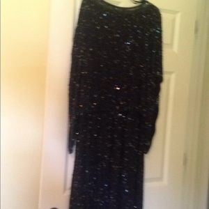 midnight blue sequined midi cocktail dress